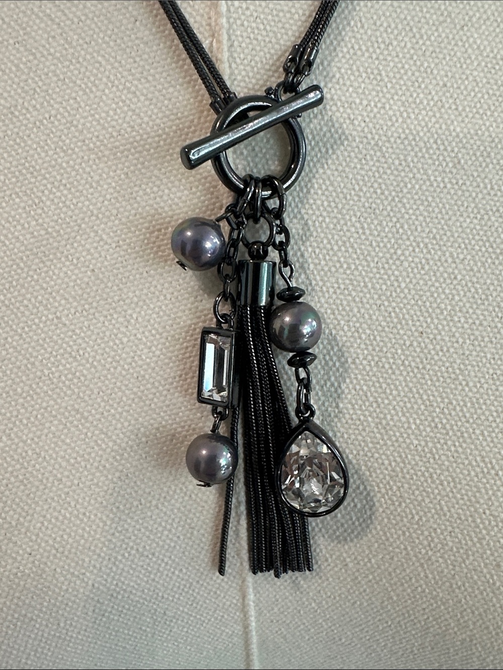 Long Gunmetal Tassel Pendant Necklace with Beaded and sparkly charms